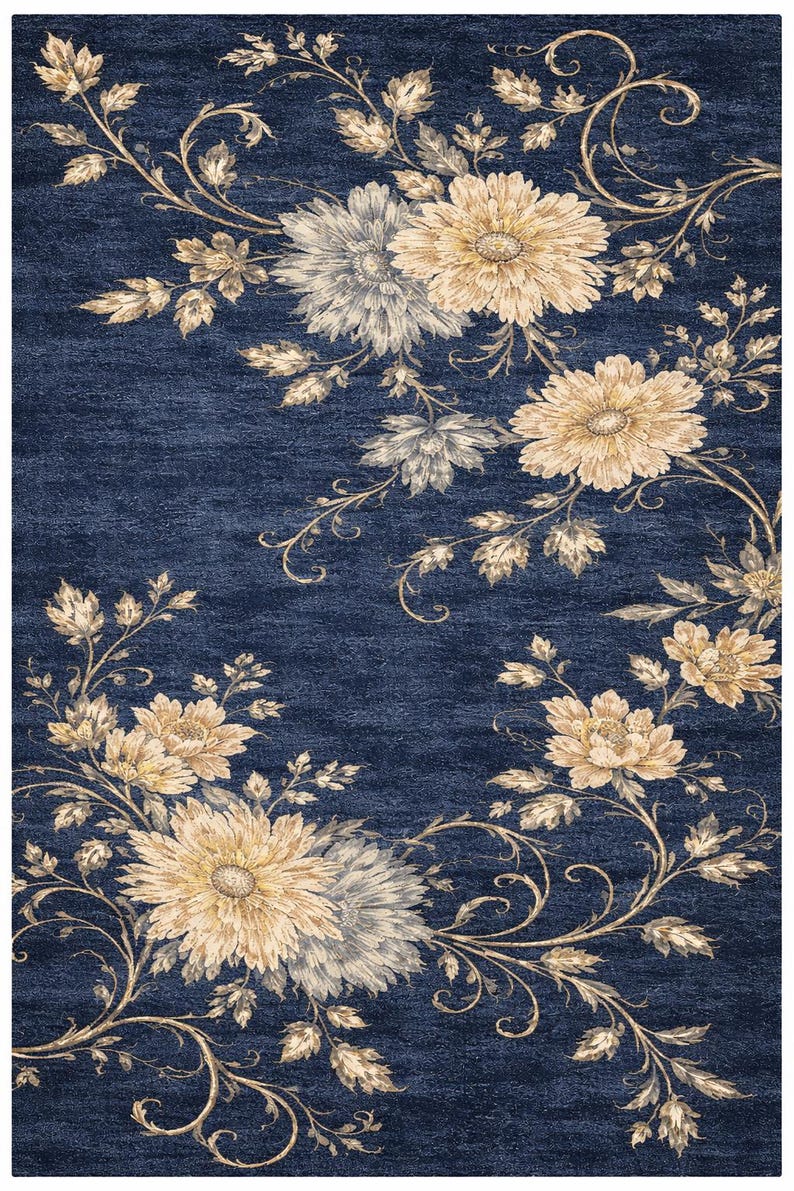 Luxury Navy Blue Floral Rug, Hand Tufted Area Rug, Modern Gold Ivory ...