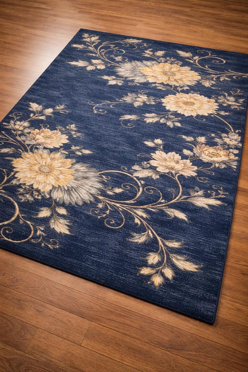 Luxury Navy Blue Floral Rug, Hand Tufted Area Rug, Modern Gold Ivory ...
