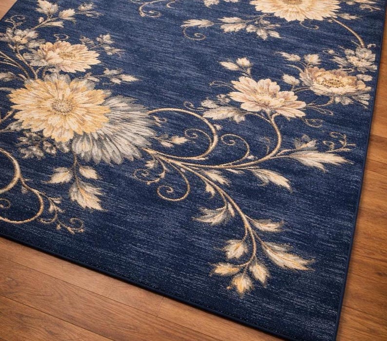 Luxury Navy Blue Floral Rug, Hand Tufted Area Rug, Modern Gold Ivory ...