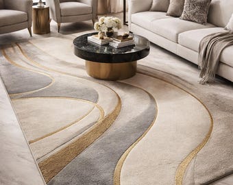 Modern Luxury Area Rug Beige Grey Gold, Abstract Wave Design Carpet, Plush Living Room Rug, Elegant Home Decor