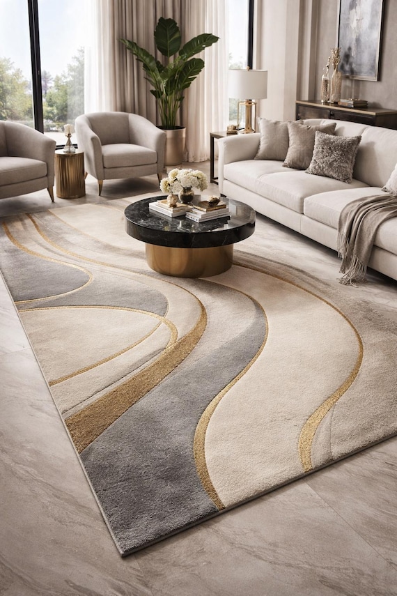 Moderner Luxus Teppich Beige Grau Gold, Abstraktes Wellendesign Teppich, Wohnzimmerteppich, Elegantes Wohndekor