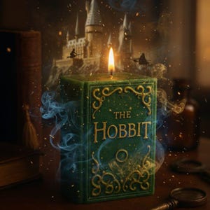 Può includere: Una candela verde a forma di libro, con il titolo "The Hobbit" in lettere dorate. La candela è accesa, con fumo e un castello sullo sfondo. La copertina è decorata con filigrane dorate.