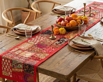 Handmade Red Patchwork Table Runner 60x15” | Vintage Sari Embroidered Tapestry | Indian Boho Wall Hanging | Colorful Textile Art Decor