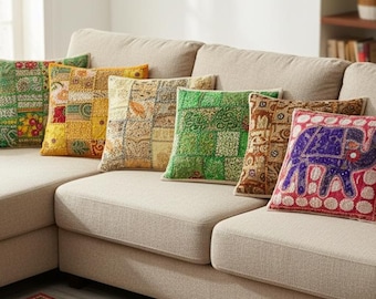 Handmade Patchwork Cushion Cover 16x16 Inch | Indian Vintage Embroidered Pillow Cover | Boho Home Decor | Set Options Available