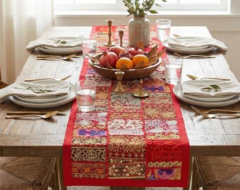Handmade Red Patchwork Table Runner 60x15” | Vintage Sari Embroidered Boho Tapestry | Indian Wall Hanging | Festive Home Textile Decor