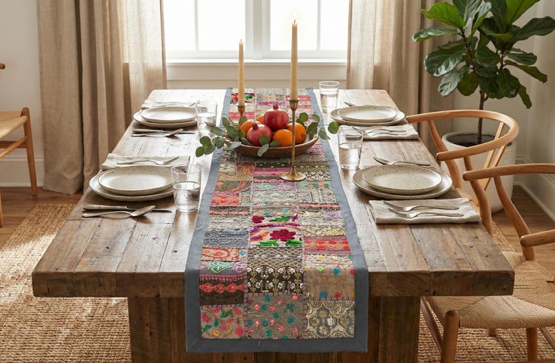 May include: A wooden dining table set for a meal, featuring a patchwork runner, plates, cutlery, and candles. A bowl of fruit and greenery decorates the table. The table is set for a gathering.