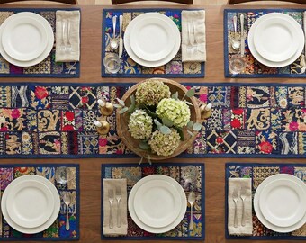 Handmade Navy Blue Patchwork Table Runner 60x15” | Vintage Sari Embroidery Tapestry | Black & Gold Boho Wall Hanging | Indian Textile Decor