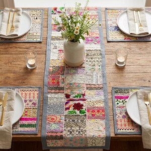 Handmade Grey Patchwork Table Runner 60x15” | Vintage Sari Embroidered Boho Decor | Indian Textile Art | Colorful Dining Table Runner image 10