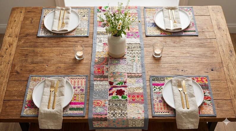 Handmade Grey Patchwork Table Runner 60x15” | Vintage Sari Embroidered Boho Decor | Indian Textile Art | Colorful Dining Table Runner image 10