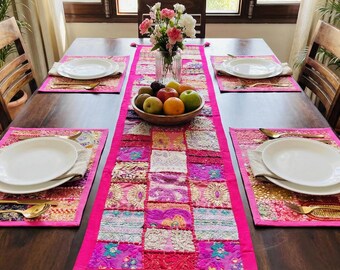 Handmade Pink Patchwork Table Runner 60x15” | Vintage Sari Embroidered Wall Hanging | Indian Boho Dining Decor | Colorful Textile Art