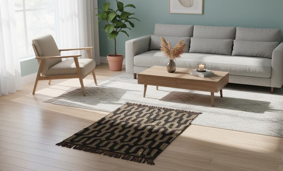 Handmade Jute Kilim Rug | Black Geometric Pattern, Eco-friendly Boho ...