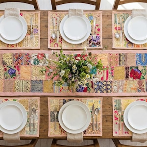 Handmade Beige Patchwork Table Runner 60x15” | Vintage Sari Embroidered Tapestry | Indian Boho Wall Hanging | Colorful Textile Art Decor