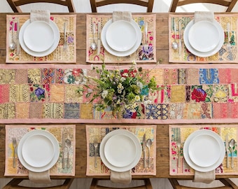 Handmade Beige Patchwork Table Runner 60x15” | Vintage Sari Embroidered Tapestry | Indian Boho Wall Hanging | Colorful Textile Art Decor