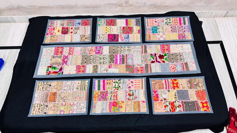 Handmade Grey Patchwork Table Runner 60x15” | Vintage Sari Embroidered Boho Decor | Indian Textile Art | Colorful Dining Table Runner image 11