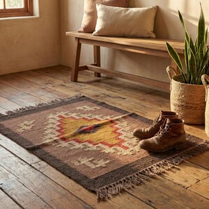 Tappeto Kilim in iuta fatto a mano / Motivo a rombi rosso senape, arredamento in stile boho-style (3 x 2 piedi)