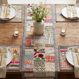 Handmade Grey Patchwork Table Runner 60x15” | Vintage Sari Embroidered Boho Decor | Indian Textile Art | Colorful Dining Table Runner image 1