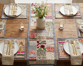 Handmade Grey Patchwork Table Runner 60x15” | Vintage Sari Embroidered Boho Decor | Indian Textile Art | Colorful Dining Table Runner