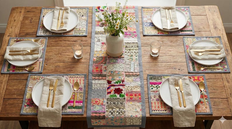 Handmade Grey Patchwork Table Runner 60x15” | Vintage Sari Embroidered Boho Decor | Indian Textile Art | Colorful Dining Table Runner image 1