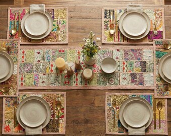 Handmade Pastel Patchwork Table Runner 60x15” | Vintage Sari Embroidered Boho Tapestry | Neutral Wall Hanging | Indian Textile Art Decor