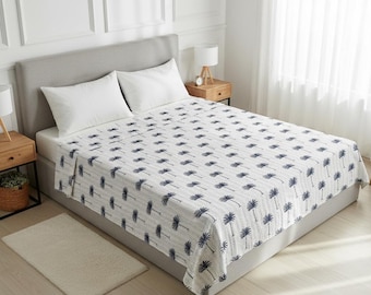 Hand Block Printed Kantha Quilt | Blue Palm Tree Reversible Cotton Bedspread, Handmade Indian Blanket, Boho Bedding Decor