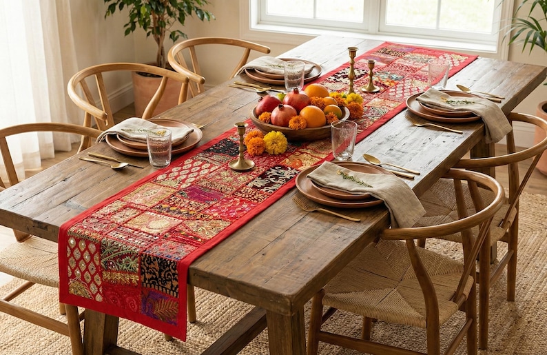 May include: A rustic wooden dining table set for a meal. The table is adorned with a red patterned runner, plates, silverware, and a bowl of fruit. Wooden chairs surround the table, creating a warm and inviting dining space.