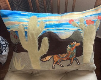Running Horse Pillow - Colorful Southwest Horse Pillow - Painted Horse Pillow - Cactus Pillow