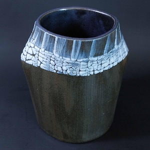 Black and White Crackle Vase Tapered Cylinder Ceramic Stoneware