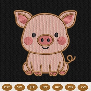 May include: A pink embroidered piglet design with brown outlines, rosy cheeks, and a curly tail. The piglet is sitting upright against a black background. The image includes file format labels: DST, VP3, JEF, EPX, HUS, PES, and XXX.