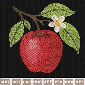 Pode incluir: Design bordado de uma maçã vermelha com folhas verdes, um caule castanho e uma pequena flor branca com centro amarelo. O design está em um fundo preto. A imagem inclui o texto "ART DST EXP HUS JEF PES XXX VP3".