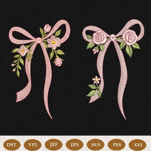 Op de afbeelding: Twee geborduurde roze strikken met bloemaccenten op een zwarte achtergrond. Eén strik heeft kleine bloemen en knoppen, de andere heeft roosachtige bloemen. Groene bladeren en delicate details maken de ontwerpen compleet. De afbeelding bevat bestandsformaatlabels.