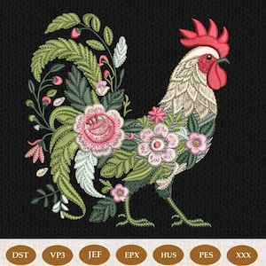 May include: Embroidered rooster design with a floral pattern. The rooster has a red comb and wattle, with a body adorned with pink and white flowers and green leaves. The background is black, and the design includes various embroidery file formats.