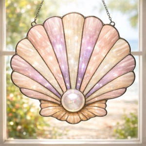 Peut inclure: Un capteur de soleil en forme de coquillage en vitrail avec une perle en son centre. La coquille présente des panneaux aux couleurs pastel rose, lavande et crème, soulignés d'un métal foncé. Une chaîne est attachée pour l'accrocher.