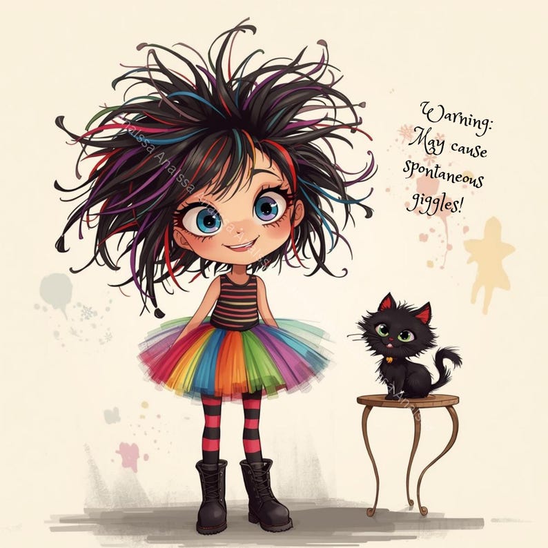 Whimsical Girl and Cat Bundle – 7 PNG Digital Art Files for Creative ...