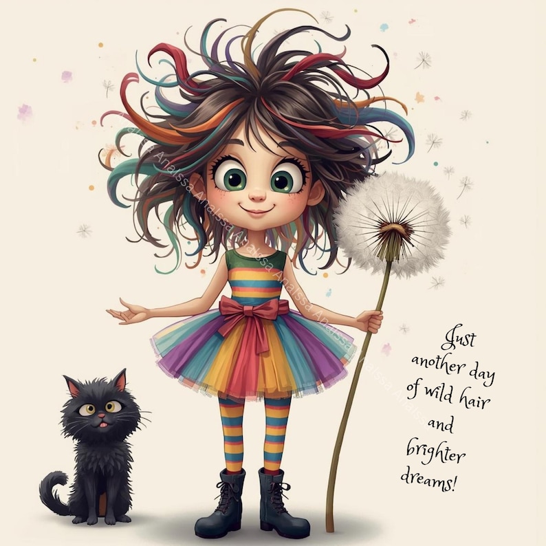 Whimsical Girl and Cat Bundle – 7 PNG Digital Art Files for Creative ...