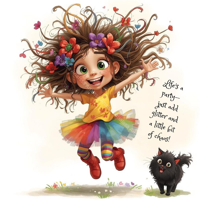 Whimsical Girl and Cat Bundle – 7 PNG Digital Art Files for Creative ...