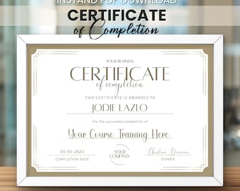 May include: A framed certificate of completion with a white border and gold accents. The certificate includes the text "Certificate of Completion", the recipient's name, and the course title. The date is January 1, 2023.