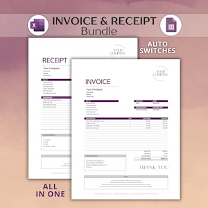 Może przedstawiać: Zestaw szablonów faktur i paragonów w fioletowo-białym wzornictwie. Tekst "INVOICE & RECEIPT Bundle" znajduje się na górze. Widoczne są również słowa "AUTO SWITCHES" i "ALL IN ONE".