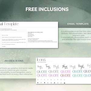 May include: Image showcasing email templates and invoice icons. The email template integrates with Outlook, personalizing messages. Invoice icons include thank-you graphics and social media icons for customization.