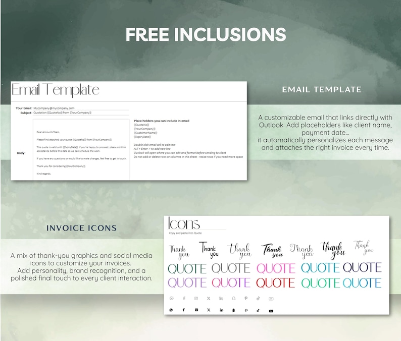 May include: Image showcasing email templates and invoice icons. The email template integrates with Outlook, personalizing messages. Invoice icons include thank-you graphics and social media icons for customization.