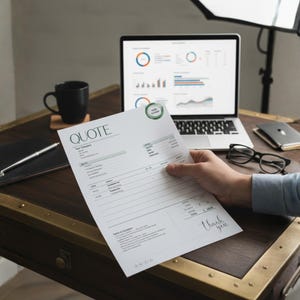 May include: A quote document with the word "QUOTE" at the top is held in a person's hand. A laptop displaying charts and graphs is in the background. Other items on the desk include a black mug, a notebook, a pen, glasses, and a smartphone.