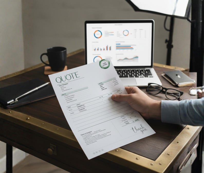 May include: A quote document with the word "QUOTE" at the top is held in a person's hand. A laptop displaying charts and graphs is in the background. Other items on the desk include a black mug, a notebook, a pen, glasses, and a smartphone.