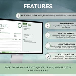 May include: A computer monitor displays a quote template with the word "QUOTE" at the top. The image highlights features such as plug & play setup, built-in tracking, smart automations, and full customization. The text reads "Everything you need to quote, track, and grow!"