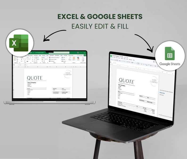 May include: Two laptops displaying a quote template in Excel and Google Sheets. The text "EXCEL & GOOGLE SHEETS EASILY EDIT & FILL" is at the top. The Excel icon is on the left, and the Google Sheets icon is on the right.