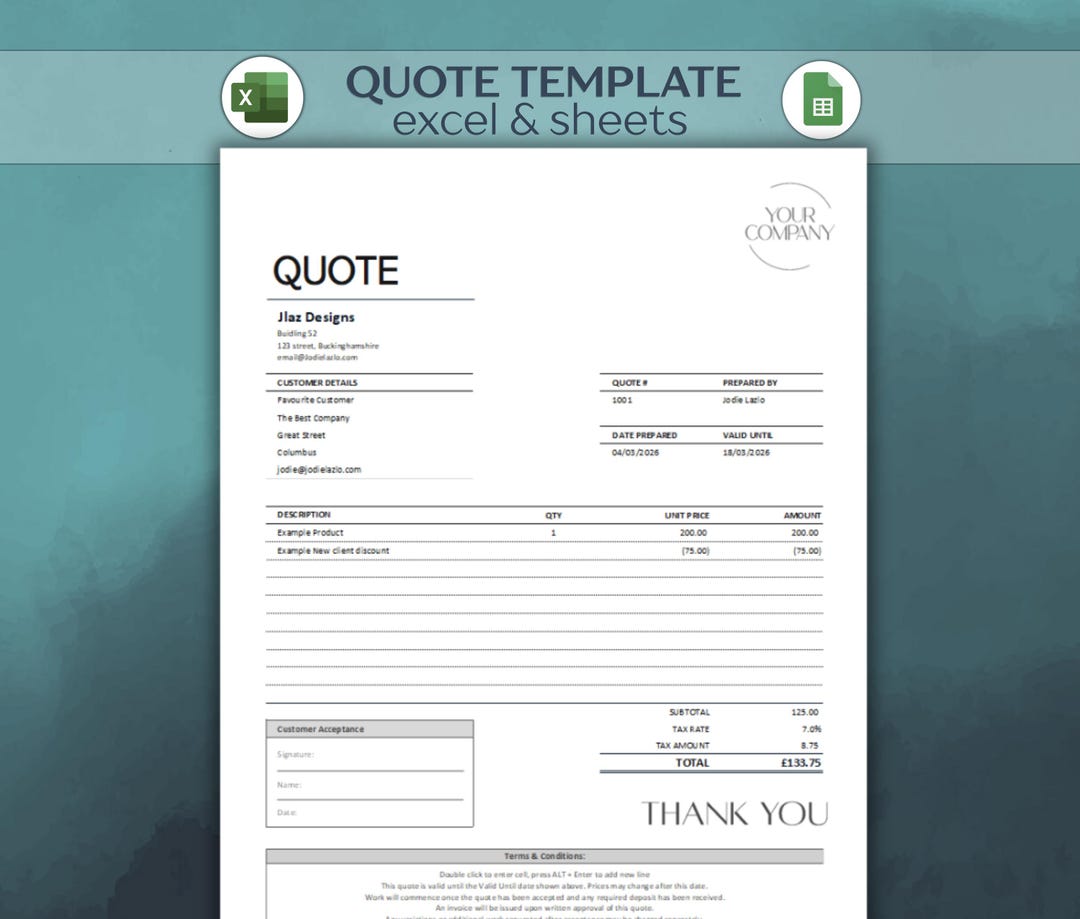 Editable Quote Template | Excel and Google Sheets | Professional ...