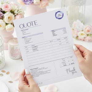 May include: A white quote document with the word "QUOTE" at the top. The document includes fields for company details, dates, and itemized costs. The document is held by a person with manicured nails. Floral arrangements and decorative items are in the background.