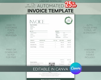 Invoice Template Canva | Automated totals, 4 Themes, A4 & US Letter | Printable Invoice for Clients