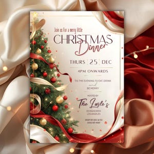 May include: Christmas dinner invitation with a decorated Christmas tree, red and gold ornaments, and the text "Join us for a merry little Christmas Dinner". The invitation includes the date, time, and RSVP information.