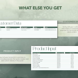 May include: A digital document with the text "WHAT ELSE YOU GET" at the top. It features sections for customer data and product input, including fields for addresses, phone numbers, and service details with unit prices.