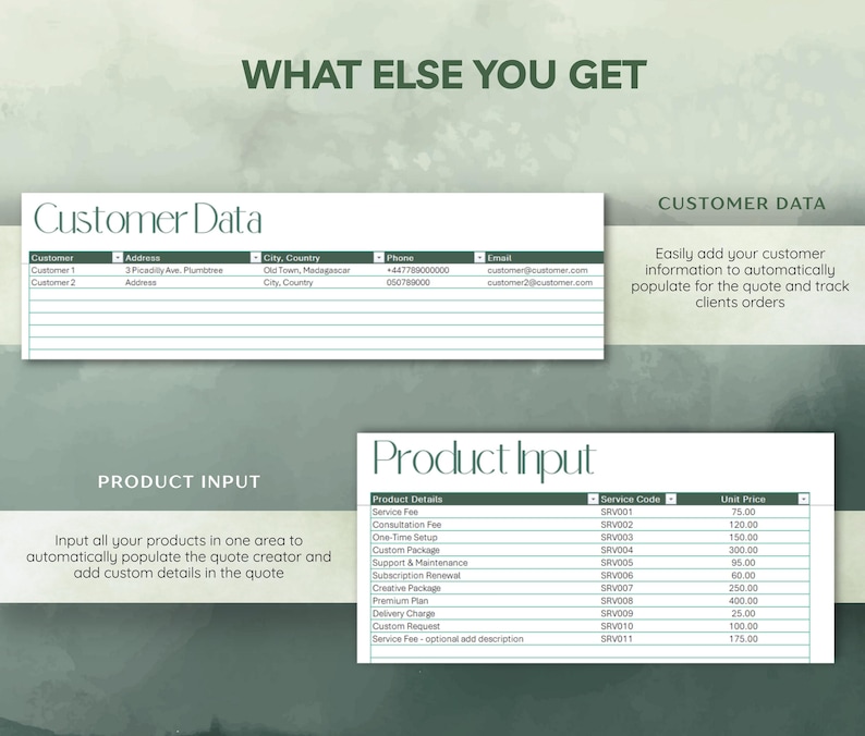 May include: A digital document with the text "WHAT ELSE YOU GET" at the top. It features sections for customer data and product input, including fields for addresses, phone numbers, and service details with unit prices.