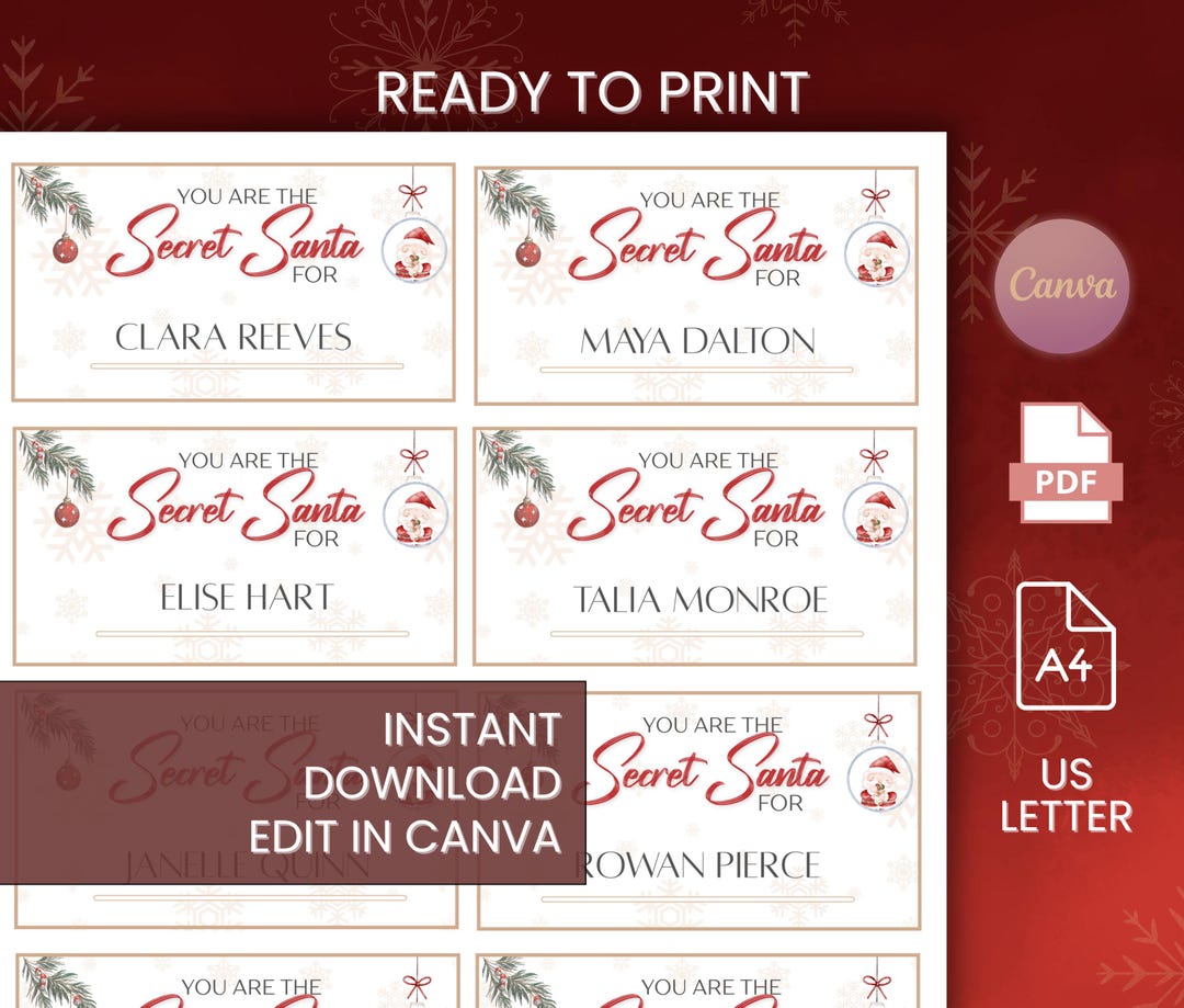 Secret Santa Name Draw Cards Editable Template & PDF Christmas